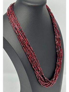 Multi-Strand Seed Beaded Necklace Shades of Garnet, Plum Pink Hand-Made Unsigned